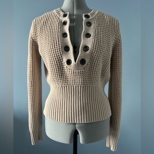 525 America Beige Knit Sweater Merino Wool Cotton Button Neck Size S
